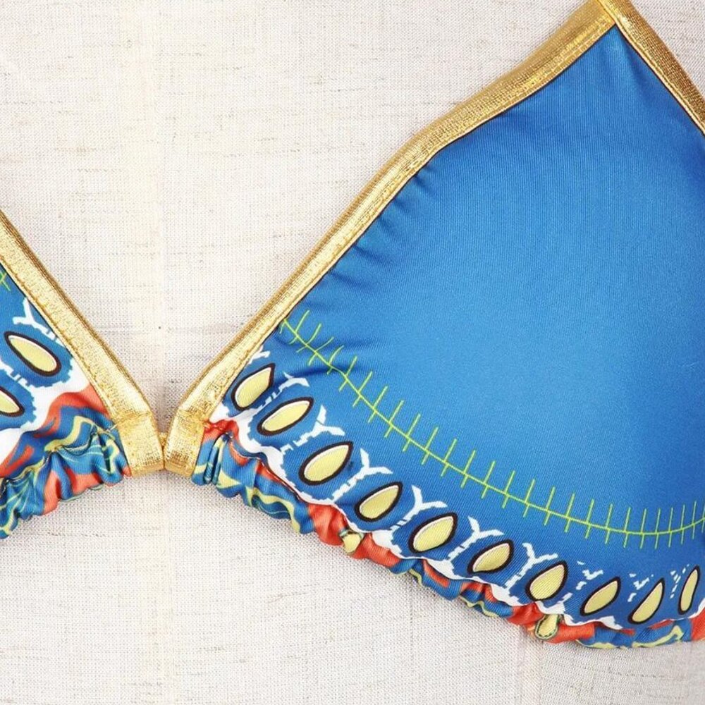 Gorgeous Ultra Sexy Goddess in Gold Boho Aztec Print Bikini Swimsuit Strappy NEW - Picture 6 of 12